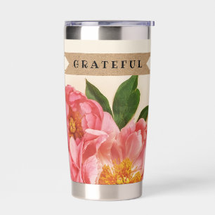 Custom Text Pink Floral Bouquet Kraft Ribbon Insulated Tumbler