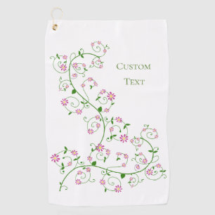 Custom Text Pink Flower Vine Golf Towel