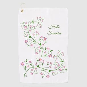 Custom Text Pink Flower Vine Golf Towel