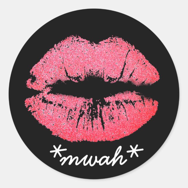 Custom Text Pink Lipstick Kiss Lip Makeup Mwah Classic Round Sticker (Front)