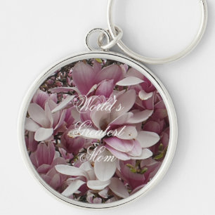 Custom Text Pink Magnolia Flower Floral Keychain