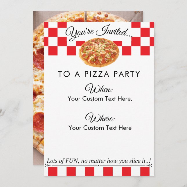 Custom Text Pizza Party|Fun Red White Chequered Invitation (Front/Back)