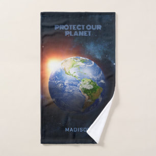 Custom Text Planet Earth Hand Towel