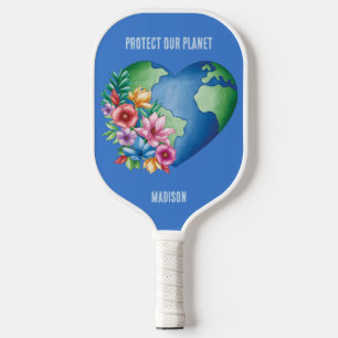 Custom Text Planet Earth Heart Pickleball Paddle