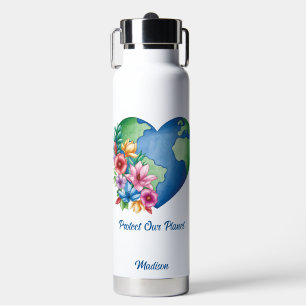 Custom Text Planet Earth Heart Water Bottle