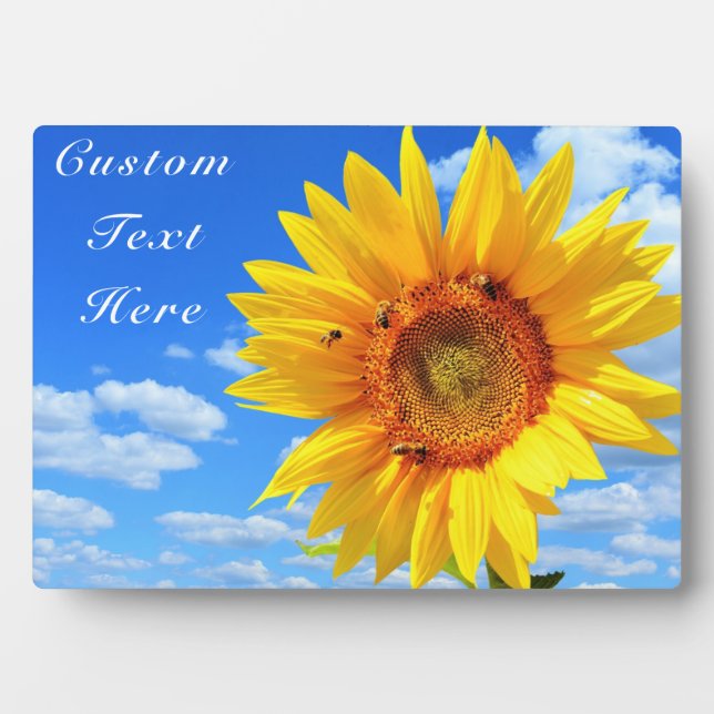 Custom Text Plaque Sunflower and Bees on Blue Sky (Front)