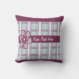 Custom Text Plum Plaid and Flower Throw Pillow