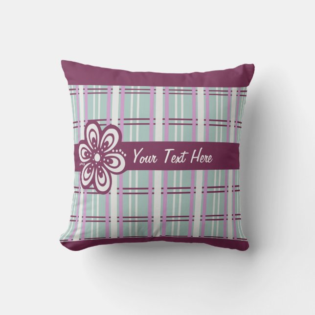 Custom Text Plum Plaid and Flower Throw Pillow (Front)