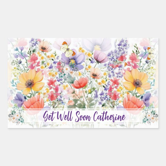 Custom Text Pretty Delicate Floral Get Well Rectangular Sticker (Front)