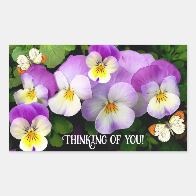 Custom Text Pretty Pansies and Butterflies Rectang Rectangular Sticker (Front)