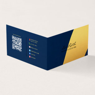 Custom Text & QR Code Full Contact Gold & Blue Business Card