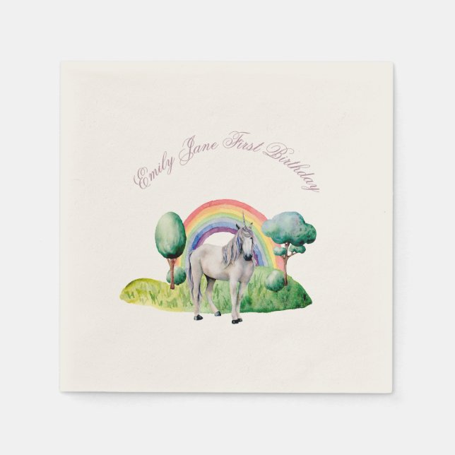 Custom Text Rainbow Unicorn Pink Birthday Party Napkin (Front)