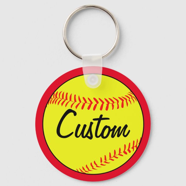 Custom Text Red Fastpitch Softball Team or Player Key Ring (Front)