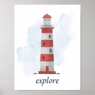 Custom Text Red White Lighthouse Nautical Ocean Poster