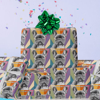 Custom Text Retro Groovy Rainbow French Bulldog Wrapping Paper