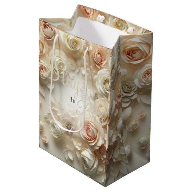 Custom Text Romantic Floral Art with Roses Medium Gift Bag (Front Angled)