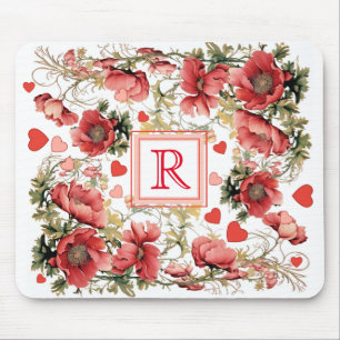 Custom Text Romantic Pink Poppies and Hearts Mouse Mat