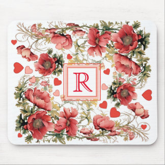 Custom Text Romantic Pink Poppies and Hearts Mouse Mat
