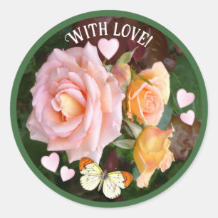Custom Text Romantic Pink Roses and Hearts Classic Round Sticker