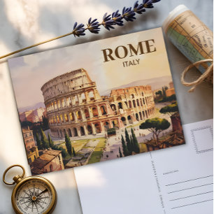 Custom Text Rome Italy Colosseum Retro Watercolor Postcard