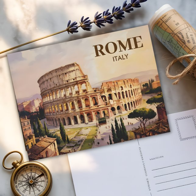 Custom Text Rome Italy Colosseum Retro Watercolor Postcard (Creator Uploaded)