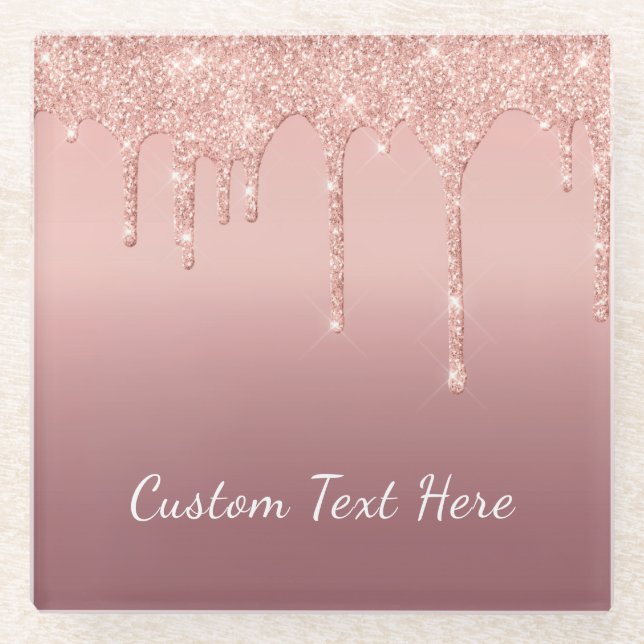 Custom Text Rose Gold Blush Glitter Sparkle Drips  Glass Coaster (Front)