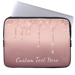 Custom Text Rose Gold Blush Glitter Sparkle Drips Laptop Sleeve