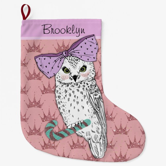 Custom Text / Rose Gold Glitter Blush Pastel Owl Large Christmas Stocking (Front)