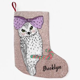 Custom Text / Rose Gold Glitter Blush Pastel Owl Small Christmas Stocking