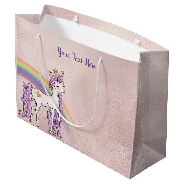 Custom Text/ Rose Gold White Unicorn Rainbow Large Gift Bag (Back Angled)