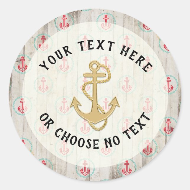 Custom Text/ Rustic Nautical Anchor Tropical Beach Classic Round Sticker (Front)