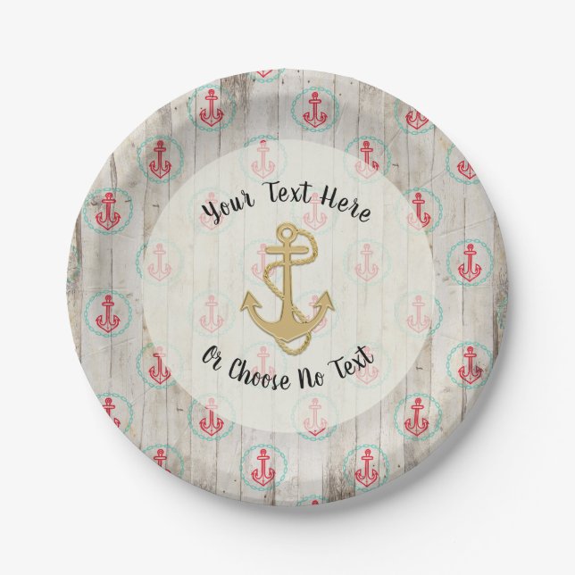 Custom Text/ Rustic Nautical Anchor Tropical Beach Paper Plate (Front)
