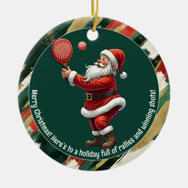 🎾🎄Custom text, Santa Rally Round Ceramic Tree Decoration (Front)