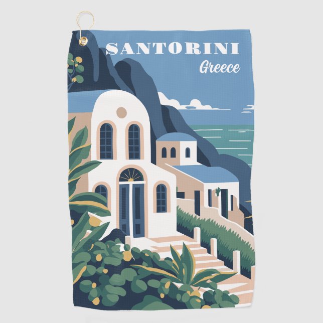 Custom Text Santorini Greece Golf Towel (Front)
