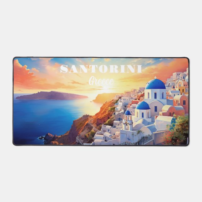 Custom Text Santorini Greece Sunset Desk Mat (Front)