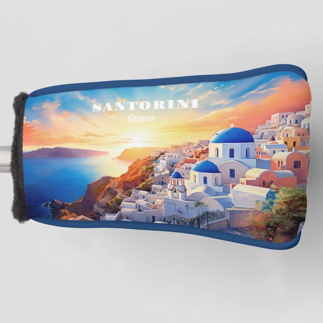 Custom Text Santorini Greece Sunset Golf Head Cover (Front)