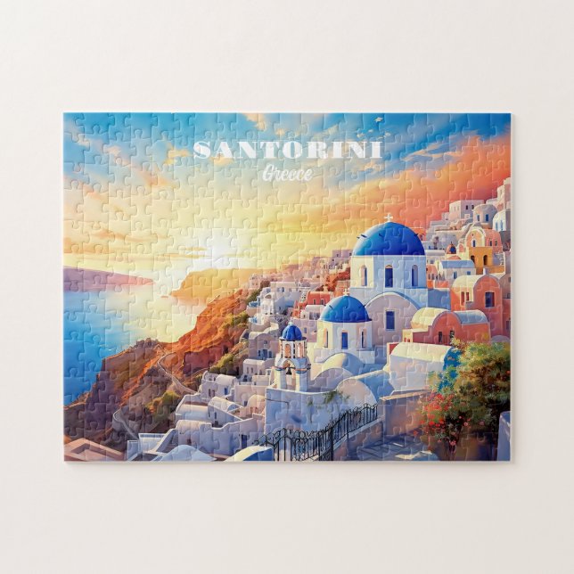 Custom Text Santorini Greece Sunset Jigsaw Puzzle (Horizontal)