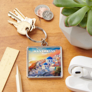 Custom Text Santorini Greece Sunset Key Ring