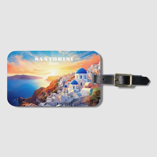Custom Text Santorini Greece Sunset Luggage Tag (Front Horizontal)