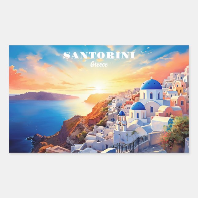 Custom Text Santorini Greece Sunset Rectangular Sticker (Front)