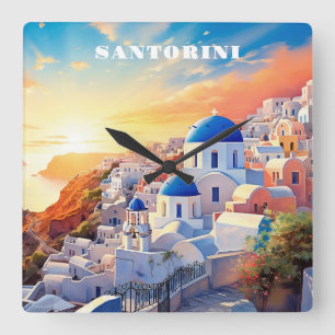 Custom Text Santorini Greece Sunset Square Wall Clock