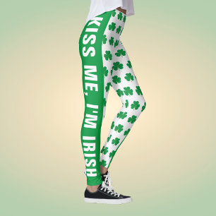 Custom Text Shamrock Clover Pattern Green White Leggings