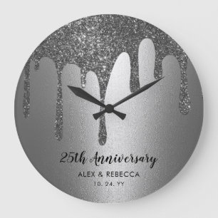 Custom Text Silver Drips 25th Wedding Anniversary Large Clock