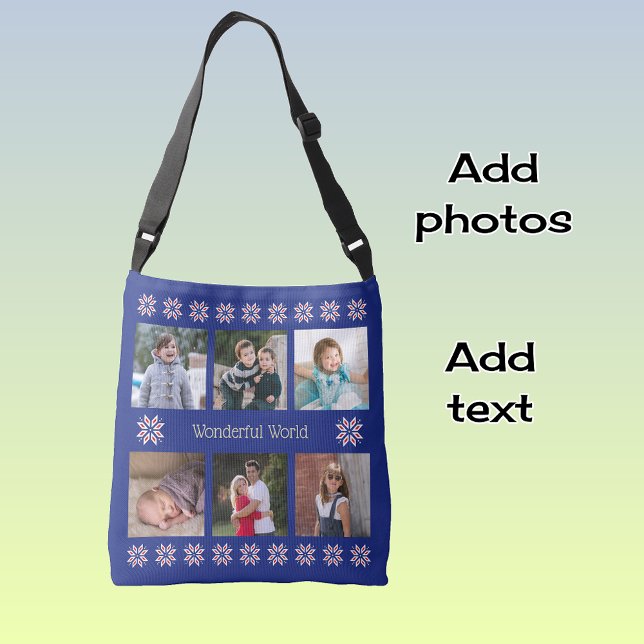Custom text six photos winter flowers navy crossbody bag (Creator Uploaded)
