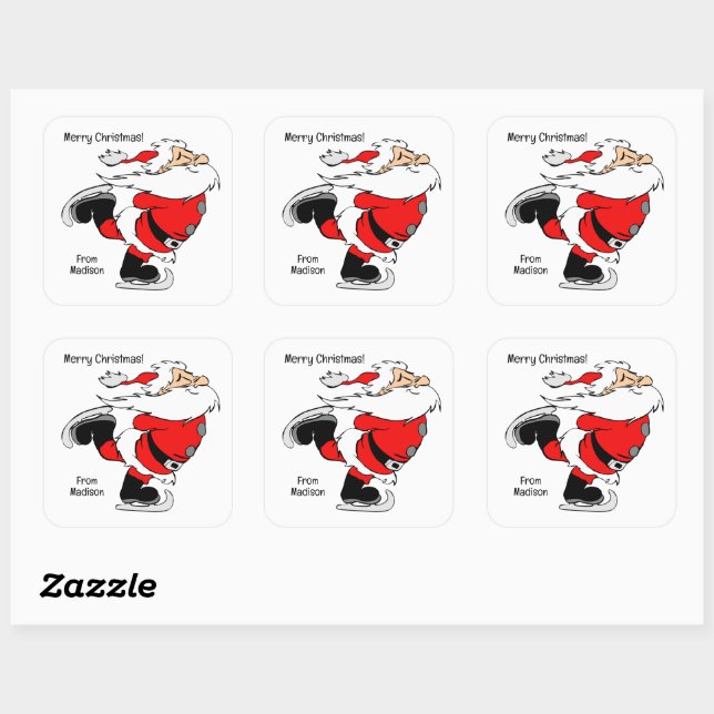 Custom Text Skating Santa Square Sticker (Sheet)