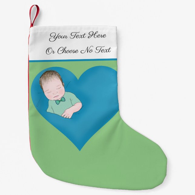 Custom Text | Sleeping Baby Boy Love Blue Heart Small Christmas Stocking (Front)