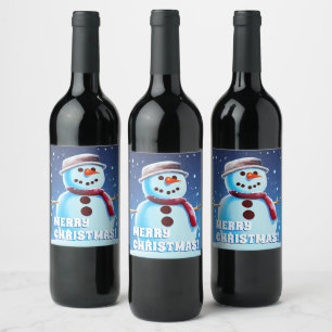 Custom Text Snowman Art 1 Merry Christmas Painting Wine Label