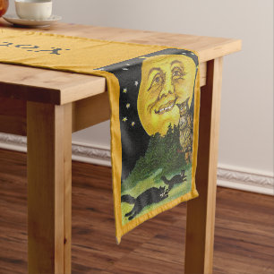 Custom Text Spooky Vintage Halloween Moon Short Table Runner