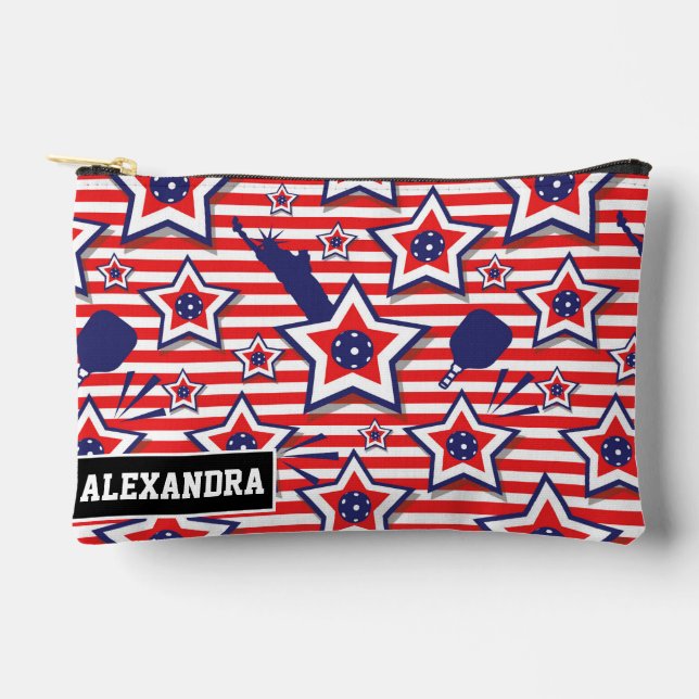 Custom text Stars, Stripes & Pickleball  Accessory Pouch (Front)