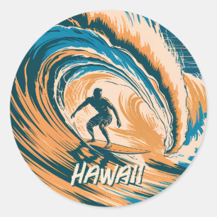 Custom Text Surfer Surfing Waves Minimal Retro Art Classic Round Sticker